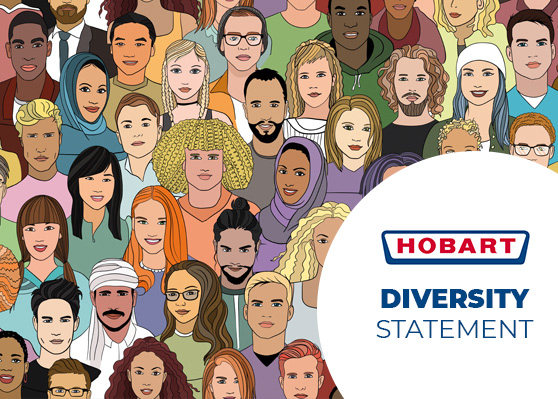 Illustration of numerous diverse individuals representing inclusion and equality, next to the HOBART logo with the text “Diversity Statement” highlighting the company’s commitment to diversity.