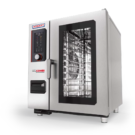 HOBART CHEF COMBI combi steamer featuring large viewing window, stainless steel housing and intuitive touchscreen control panel, perfect for professional steaming and convection cooking in commercial kitchens.