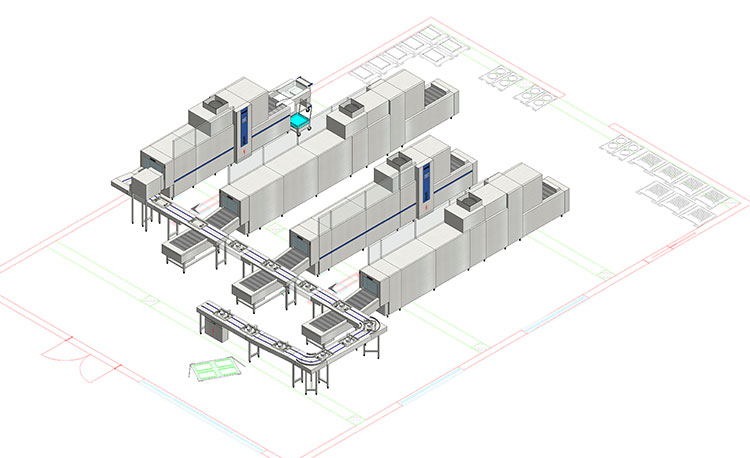 3D example layout of a HOBART FLOW Line autoLINE in a modern dishwashing area, automatic washing system with multiple machines and conveyor for efficient cleaning of dishes and trays, stainless steel design for hygienic and optimized workflows.