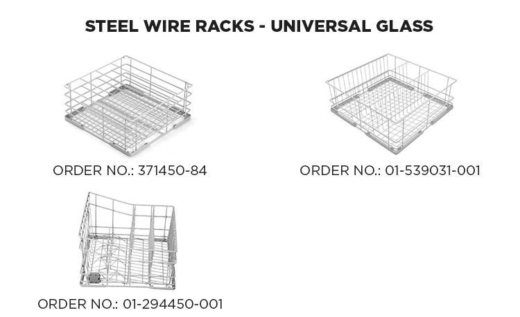 Three different steel wire racks for glasses, universally suitable for commercial dishwashers, featuring open structures and sturdy sidewalls – perfect for hospitality and professional cleaning.