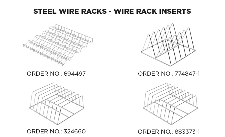 Four different stainless steel wire inserts for commercial dishwashers, featuring V-shaped and parallel supports for secure washing of trays, baking sheets, and large dishware.