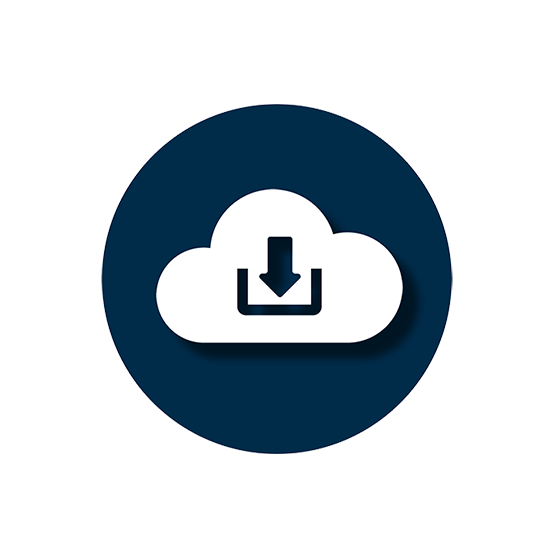 [Translate to en_SG:] Minimalist cloud download icon featuring a white cloud with a downward arrow inside a dark blue circle, representing downloading files from cloud storage or online platforms.